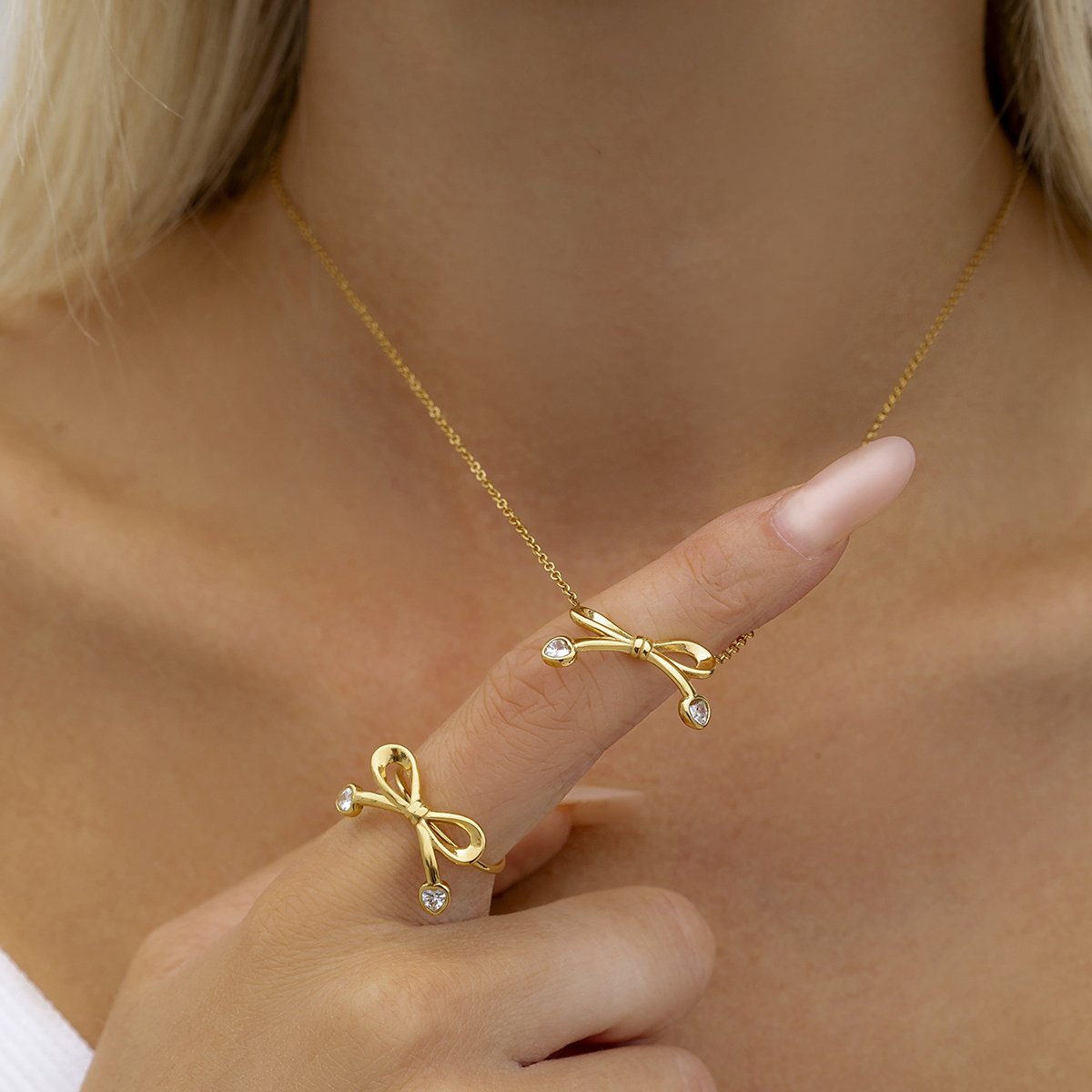 Waterproof Stainless Steel Bow Tie Stud Ring Necklace set Gift CZ Stone Opening Ring Delicate Choker for girl