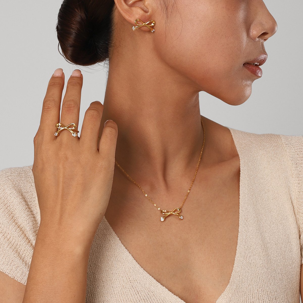 Waterproof Stainless Steel Bow Tie Stud Ring Necklace set Gift CZ Stone Opening Ring Delicate Choker for girl