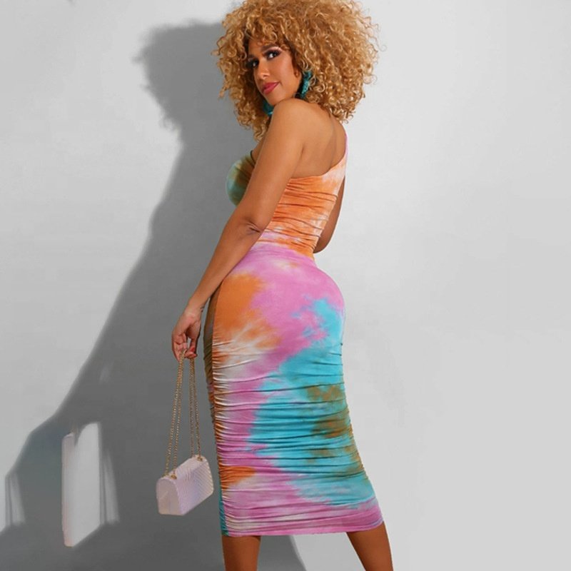 Rainbow Spray Wholesale French Style One Shoulder Printed Dress Women