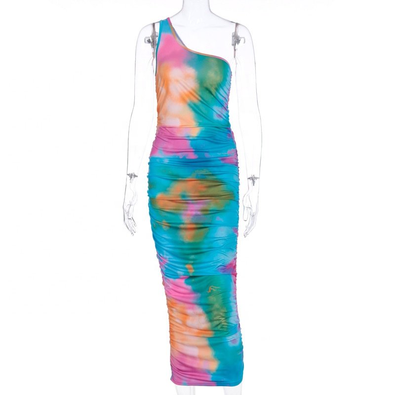 Rainbow Spray Wholesale French Style One Shoulder Printed Dress Women