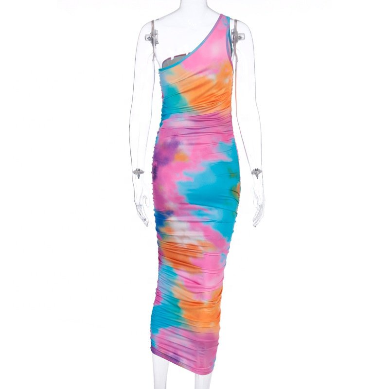 Rainbow Spray Wholesale French Style One Shoulder Printed Dress Women