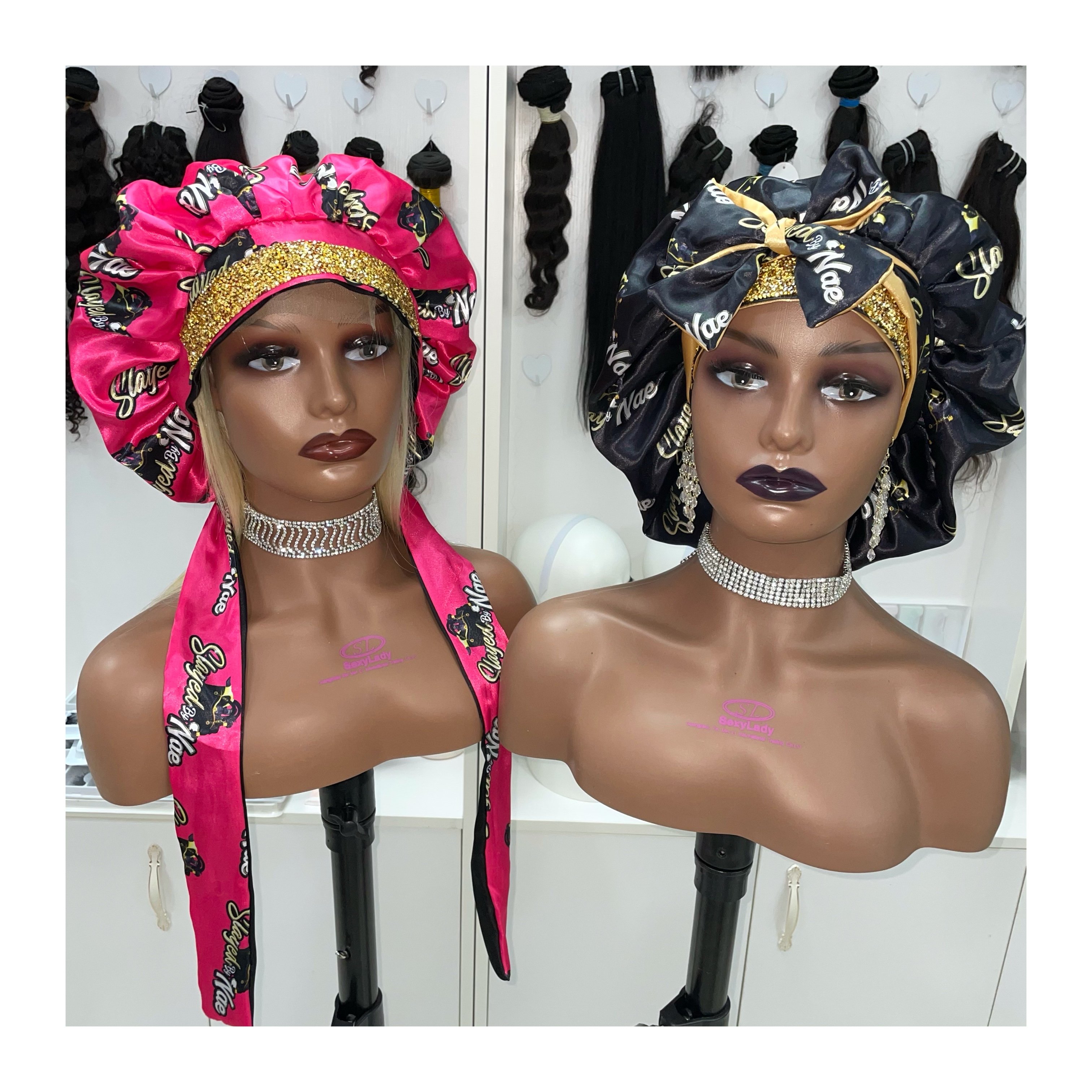 Luxury bling bonnets rhinestone with logo tie reversible and adjustable silk satin bonnets and edge scarf