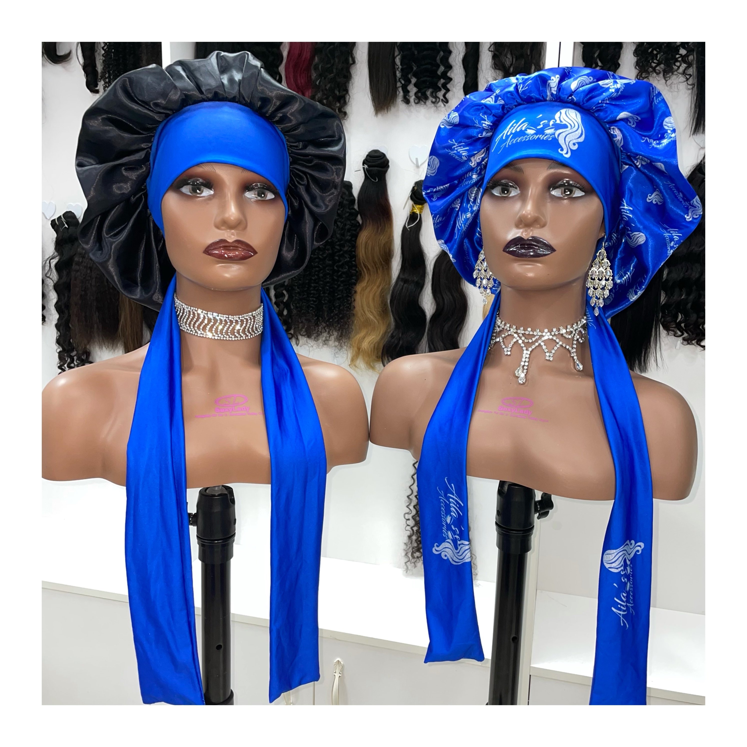 Luxury bling bonnets rhinestone with logo tie reversible and adjustable silk satin bonnets and edge scarf