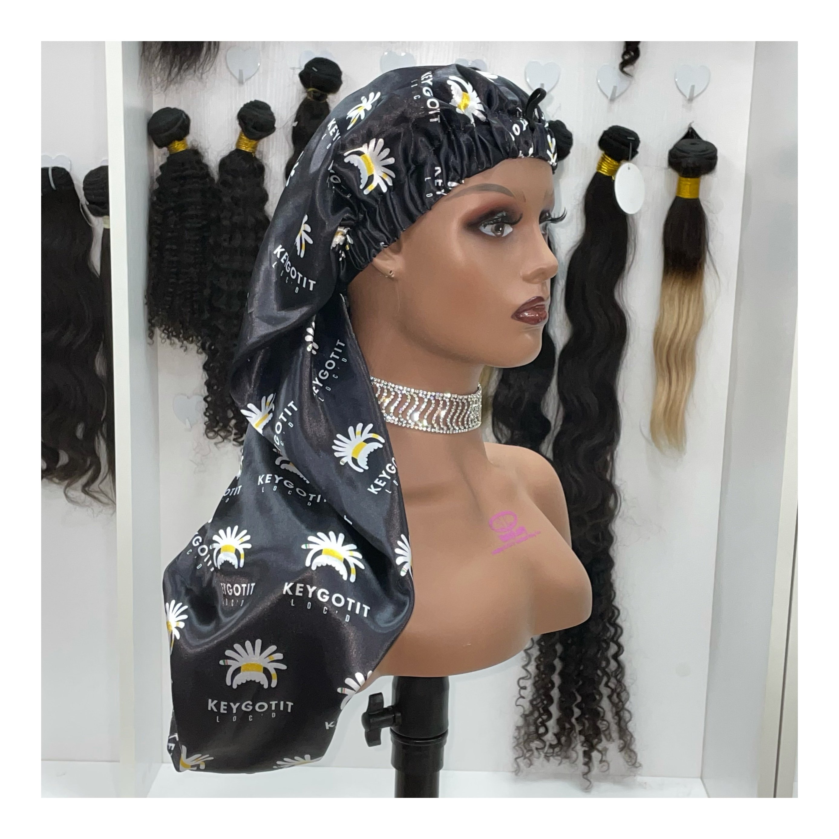 Luxury bling bonnets rhinestone with logo tie reversible and adjustable silk satin bonnets and edge scarf