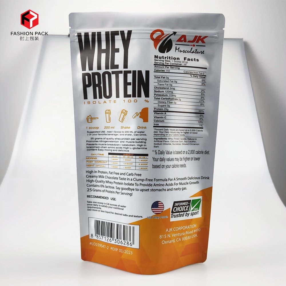 Low MOQ ziplock foil stand up bag 500g 1kg whey protein supplement packing pouch custom printed logo