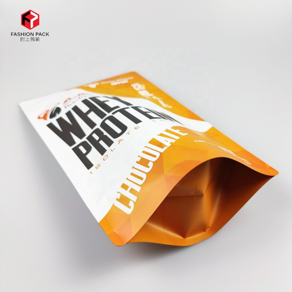 Low MOQ ziplock foil stand up bag 500g 1kg whey protein supplement packing pouch custom printed logo