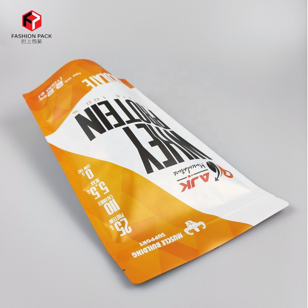 Low MOQ ziplock foil stand up bag 500g 1kg whey protein supplement packing pouch custom printed logo
