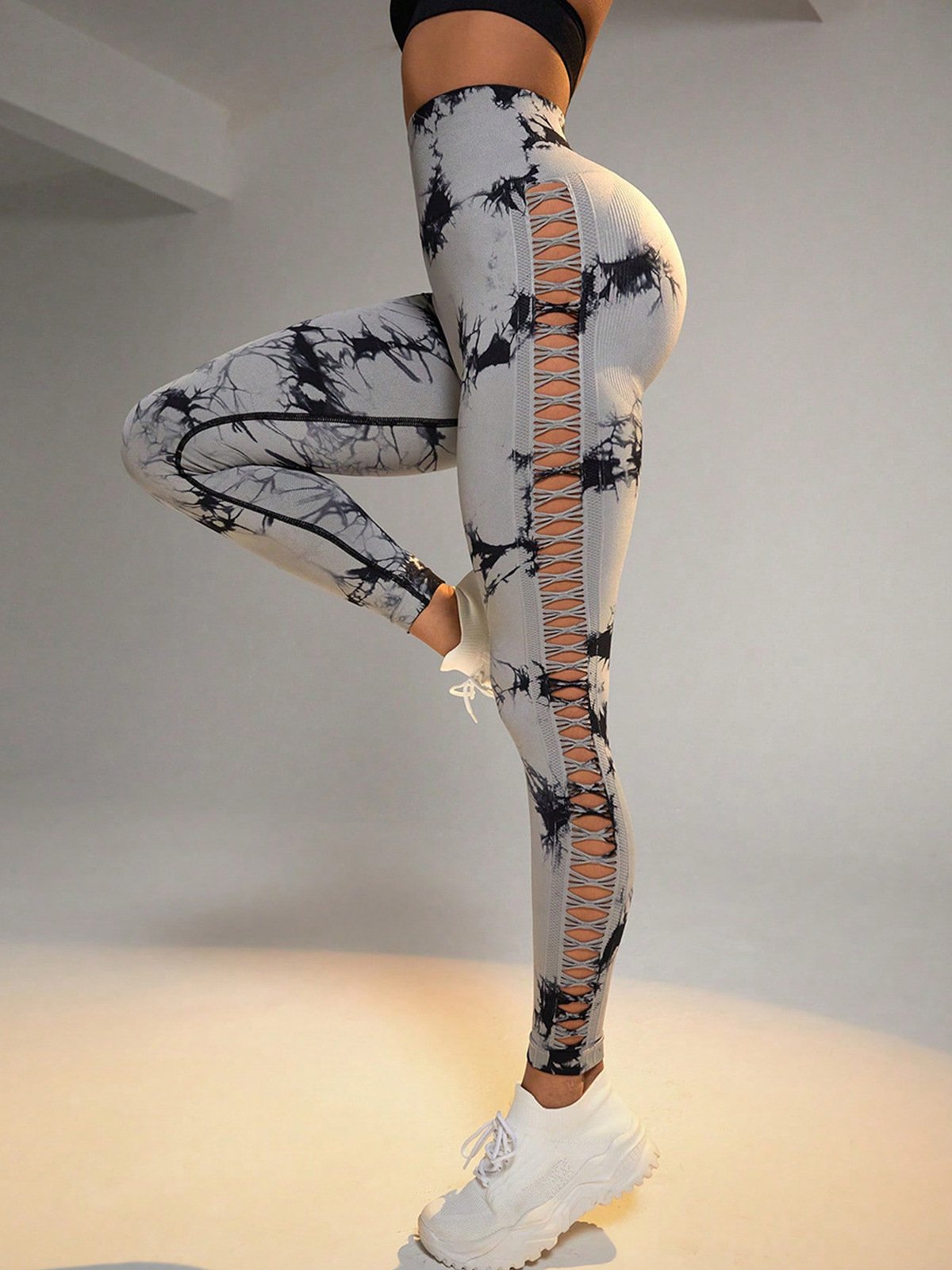 Custom Logo Tie Dye Sexy Leggings Hollow Gym Sports Women Fitness High Waist Peach Hip Quick Drying Breathable Yoga Pants