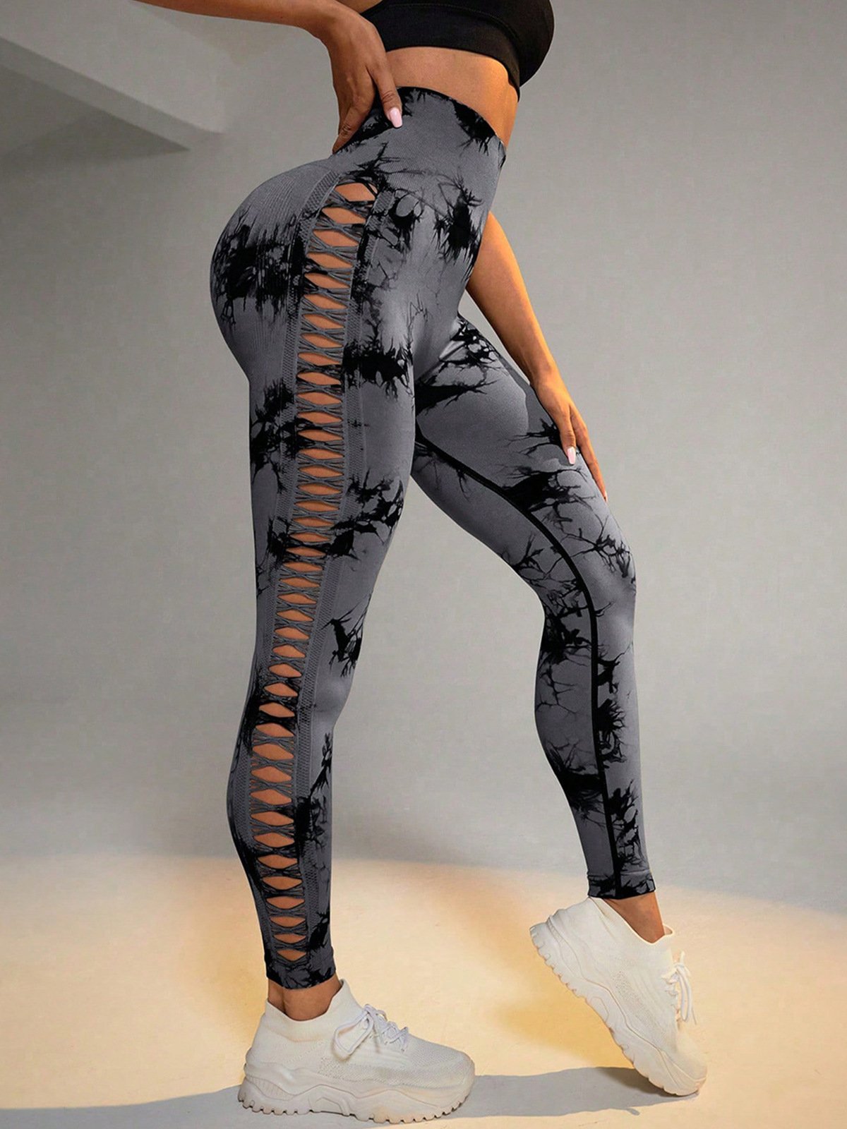 Custom Logo Tie Dye Sexy Leggings Hollow Gym Sports Women Fitness High Waist Peach Hip Quick Drying Breathable Yoga Pants