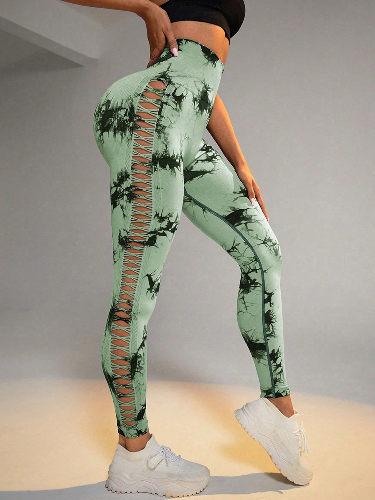 Custom Logo Tie Dye Sexy Leggings Hollow Gym Sports Women Fitness High Waist Peach Hip Quick Drying Breathable Yoga Pants