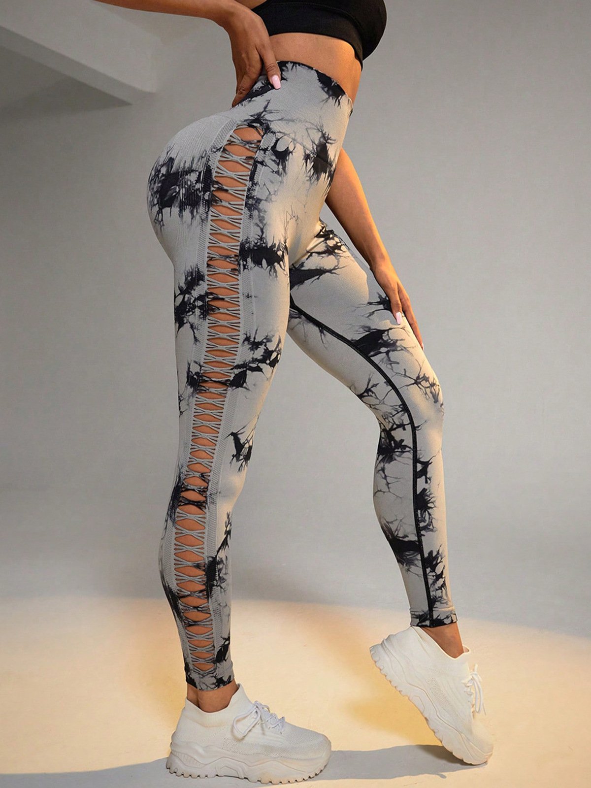 Custom Logo Tie Dye Sexy Leggings Hollow Gym Sports Women Fitness High Waist Peach Hip Quick Drying Breathable Yoga Pants