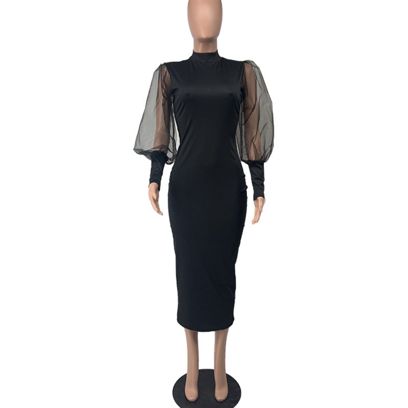 Pure Color Sheer Long Sleeve Skinny Dress Sheath Long Formal Party Formal Official Dresses Women for Ladies