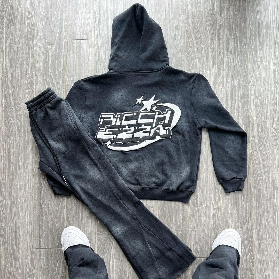 Custom Logo Full Zip Up Embroidery Applique Hoodies And Flared Sweats Jogger Set Acid Wash Faded Man Tracksuit Sweatsuits Mens