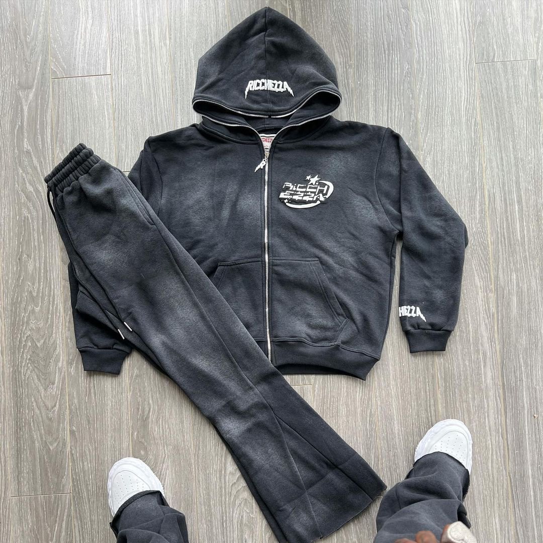 Custom Logo Full Zip Up Embroidery Applique Hoodies And Flared Sweats Jogger Set Acid Wash Faded Man Tracksuit Sweatsuits Mens