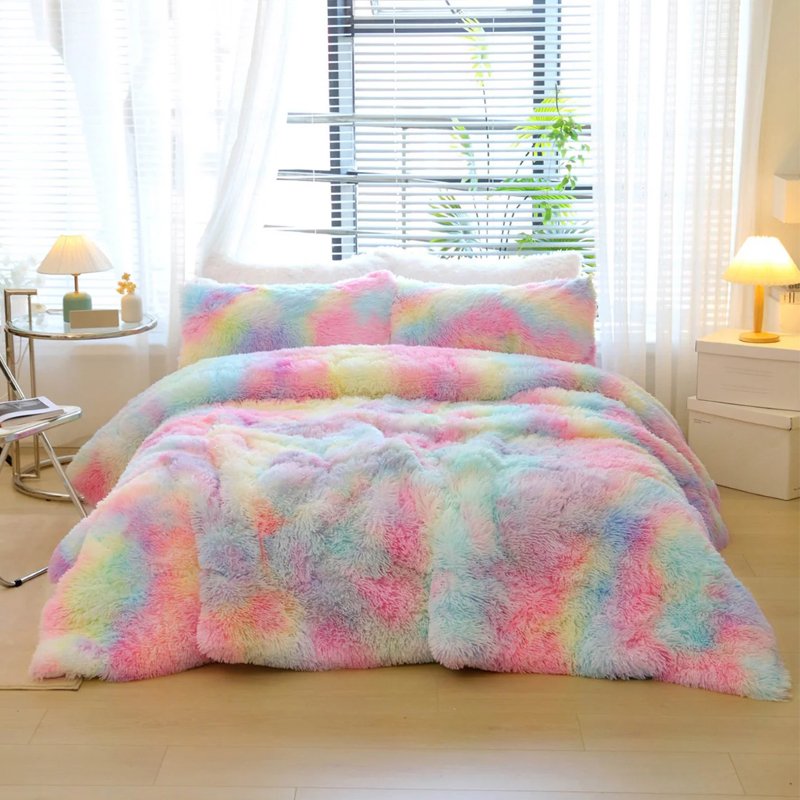 Shaggy Fluffy Rainbow Bean Bag Fur Long Pile Plush 420gsm Boucle Plush Tie Dyed Faux Fur Rabbit Fabric for Bedding