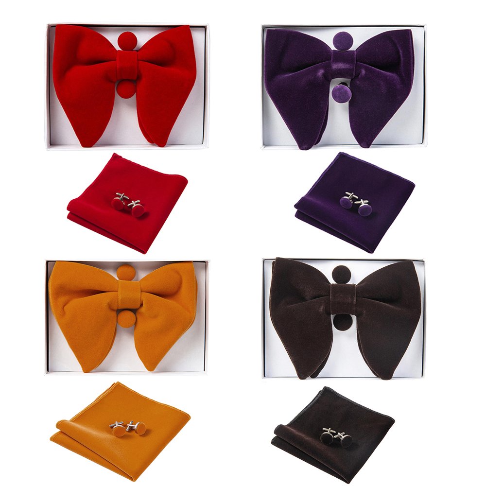 Velvet Big Bow Tie Men's Bowties Pocket Square Cufflinks Set Solid Red Blue Handkerchief Necktie for Man Wedding Gift