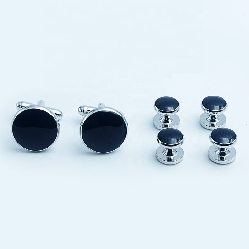 Wholesale Price 6pcs Cufflinks and Tuxedo Studs Sets for Men Polished finish Steel French Shirts Black Tuxedo Stud