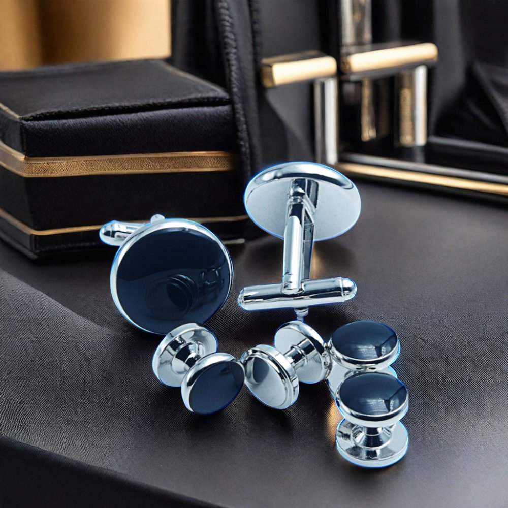 Wholesale Price 6pcs Cufflinks and Tuxedo Studs Sets for Men Polished finish Steel French Shirts Black Tuxedo Stud
