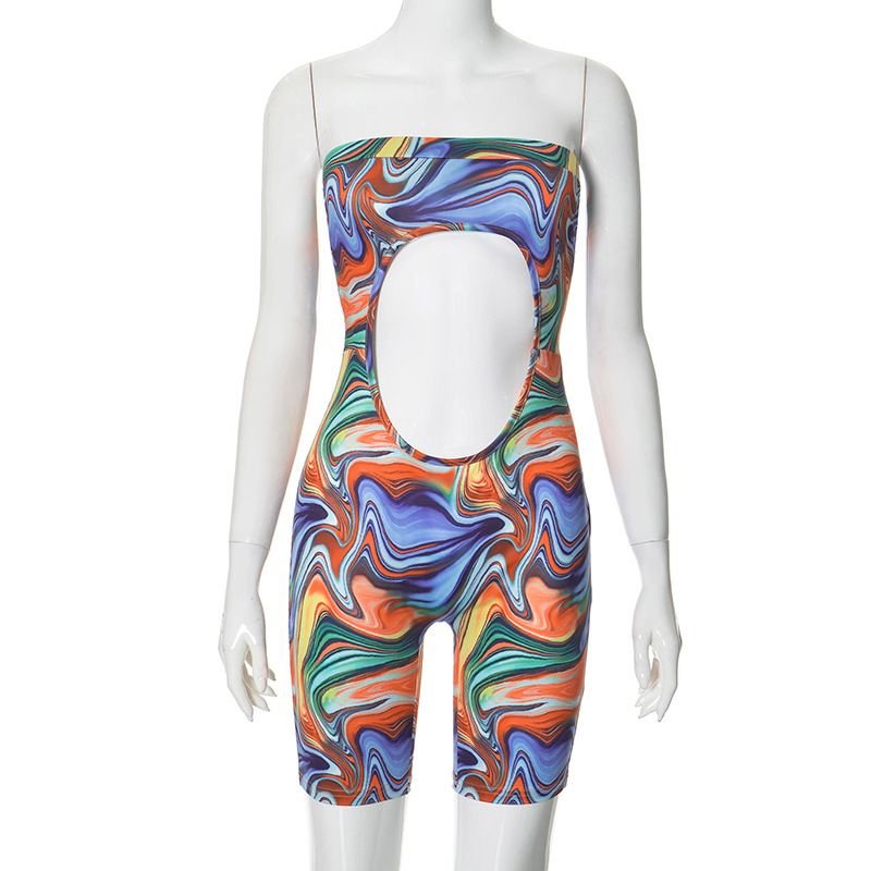 Summer Tie-dyed Print Hollow Out Skinny Romper Concert Party For Woman Strapless Backless Sexy Jumpsuit