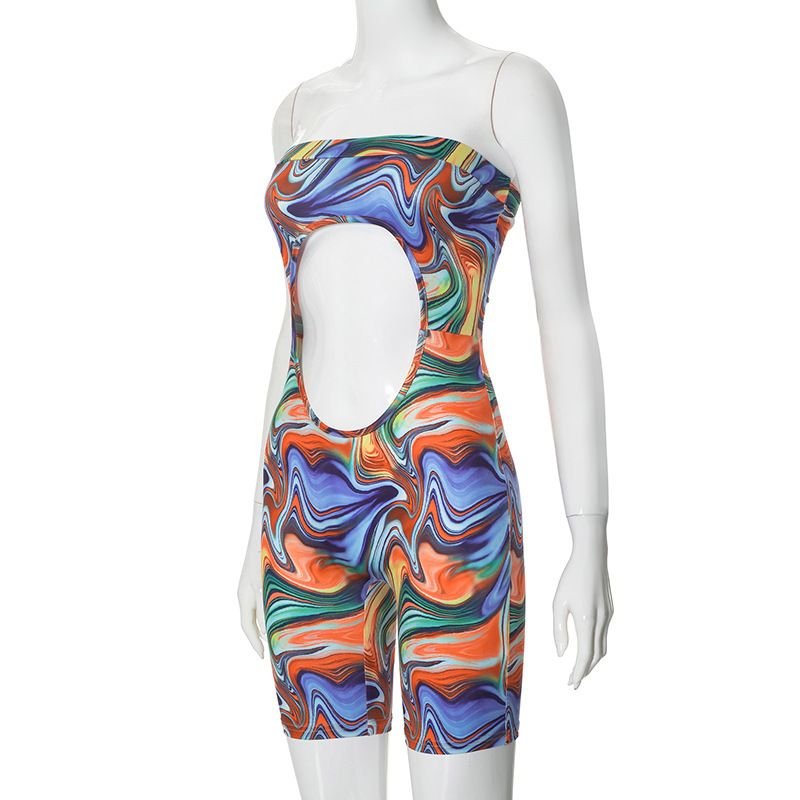 Summer Tie-dyed Print Hollow Out Skinny Romper Concert Party For Woman Strapless Backless Sexy Jumpsuit