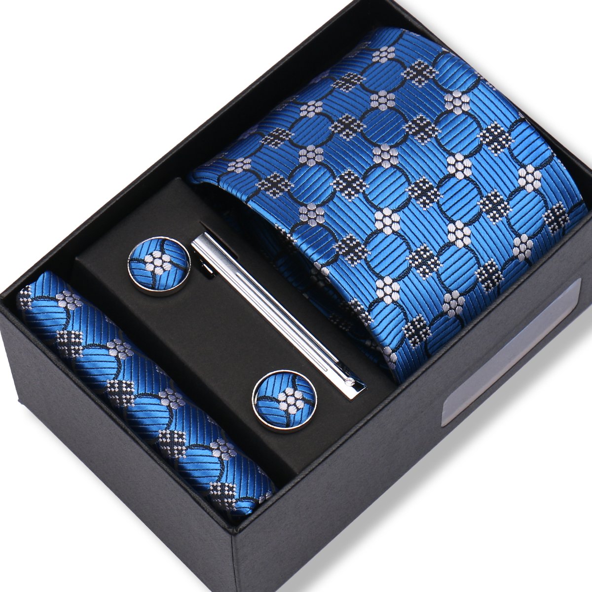 Black Gift Box Fashion Silk 8cm Necktie Set Tie Clip Handkerchief Cufflinks Suits For Party Wedding Neckties Gift Sets For Man