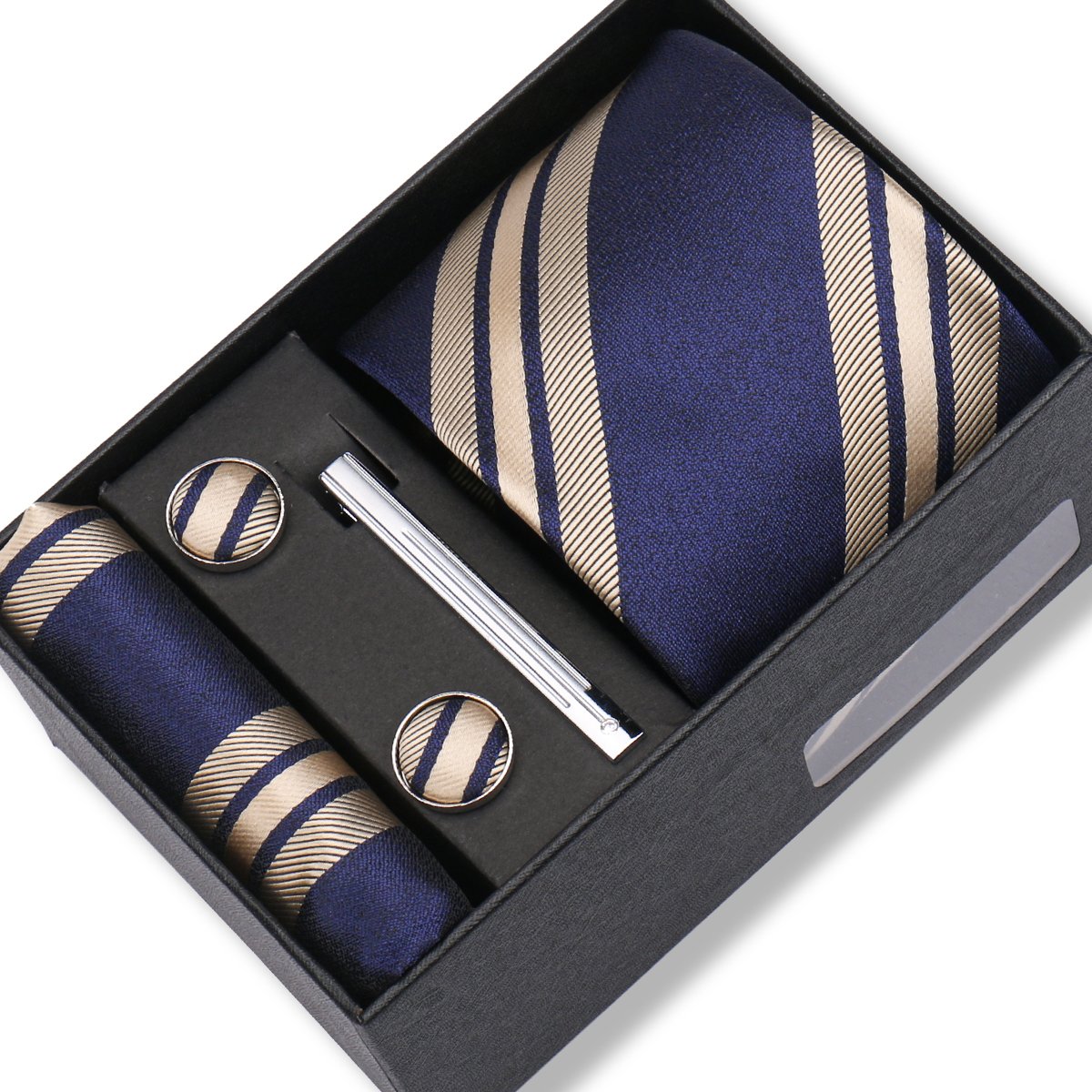 Black Gift Box Fashion Silk 8cm Necktie Set Tie Clip Handkerchief Cufflinks Suits For Party Wedding Neckties Gift Sets For Man
