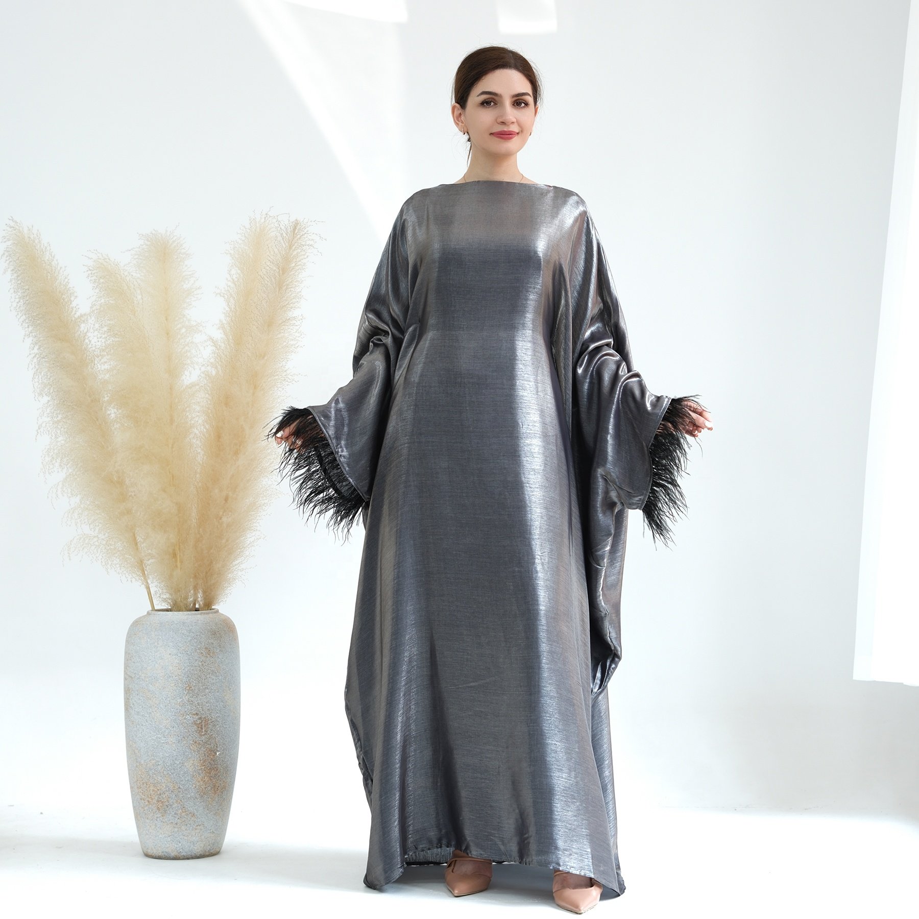 Loriya Feather Kaftan Abayas Women Muslim Dress Turkey Dubai Abaya Modest Dress with Inside Tie Belt islamic Clothing