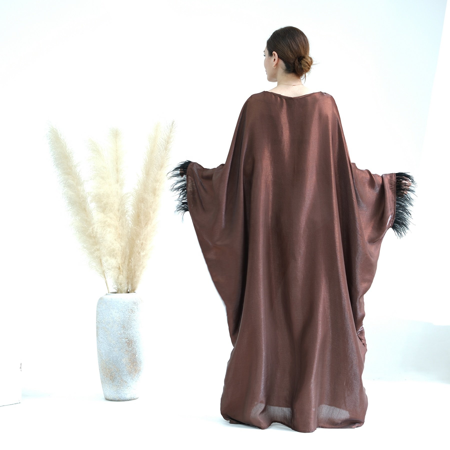 Loriya Feather Kaftan Abayas Women Muslim Dress Turkey Dubai Abaya Modest Dress with Inside Tie Belt islamic Clothing
