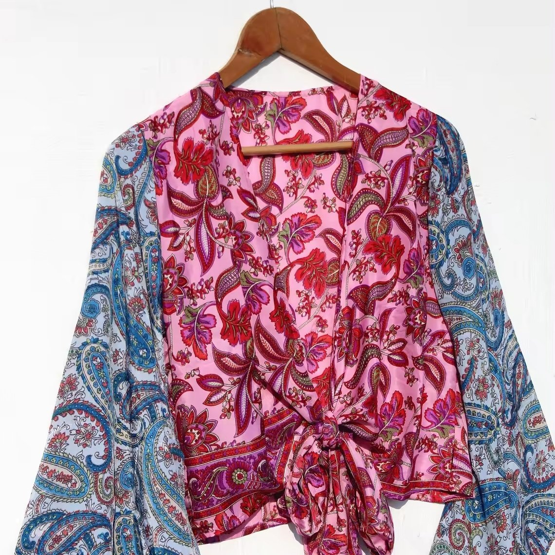 New Arrival Front Tie Boho Crop Top New Style Bell Sleeve Silk Wrap Top Wrap Around Silk Blouse For Women