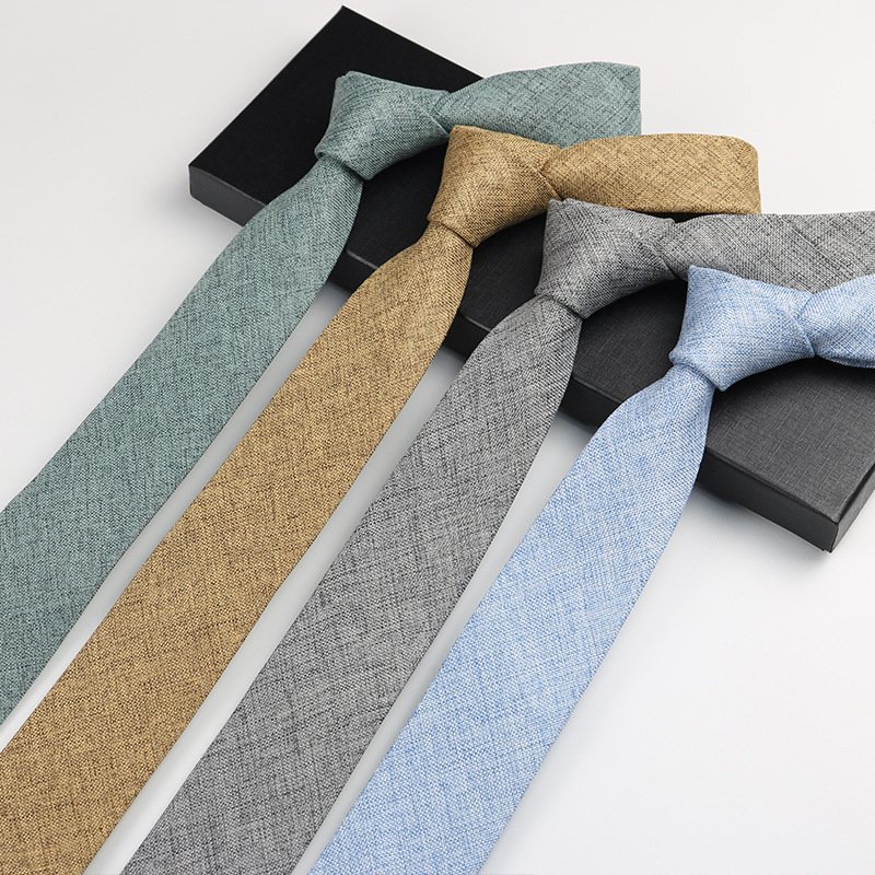Wholesale high quality stock business checked plain necktie 6cm cotton mens linen tie