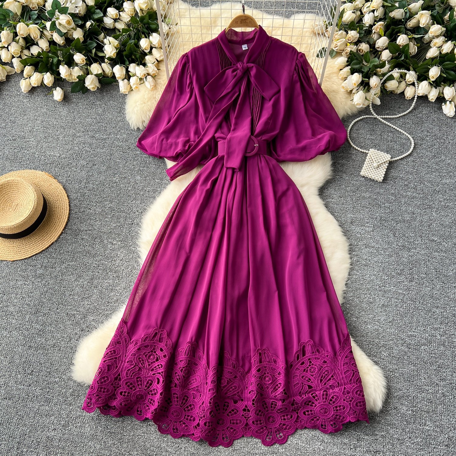 French Retro Elegant Women's Bow Tie Lantern Sleeve Waist Lace Patchwork Dress