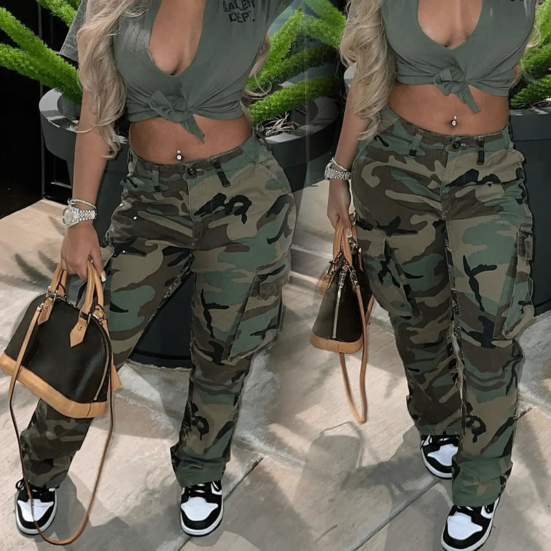 Wholesale ladies fashion baggy multi pockets women's cargo pants casual patchwork plus size camouflage camo pants women clothes