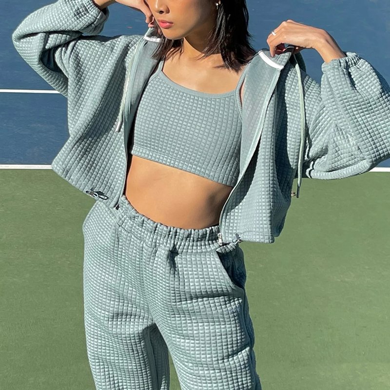 Custom Factory for Women's Casual Long Sleeve Waffle Cropped 3pc Zip Up Hoodie with Drawstring Sweatshirts Crop Top with Pockets