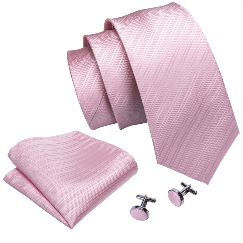 Hot Sale Men's Fashion/Casual Formal Classic Woven Jacquard Silver Pink Striped Necktie Pocket Square Cufflinks Gift Set For Men