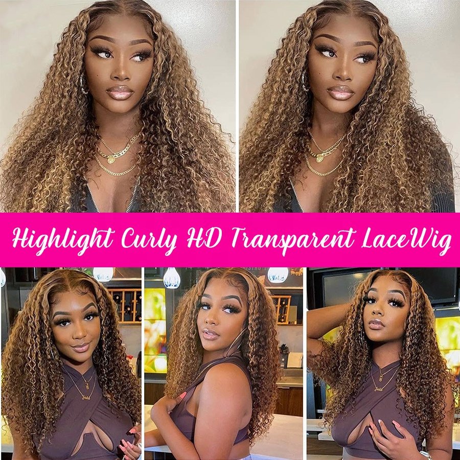 13x6 Blonde Highlights Frontal Wig Brown Highlighted Human Hair 360 Full Lace Wigs Deep Wave Curly Highlight HD Lace Front Wig