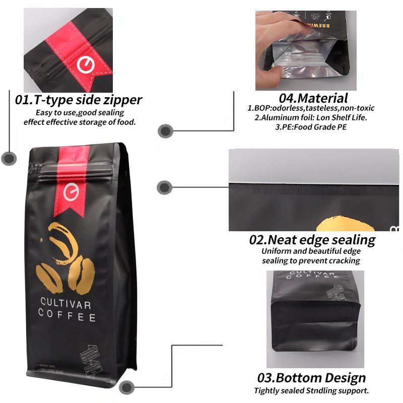 250G 500G 1Kg Flat Bottom Coffee Pouch Aluminum Foil Coffee Beans Packaging Bags Custom Printed Black Coffee Bag