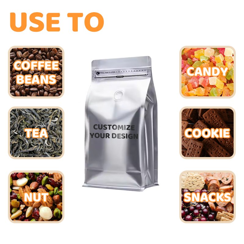 250G 500G 1Kg Flat Bottom Coffee Pouch Aluminum Foil Coffee Beans Packaging Bags Custom Printed Black Coffee Bag