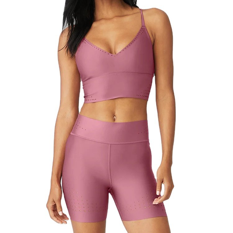V neck girl sports bra with back crossover tie and yoga close-fitting tight short leggings quickly dry workout gym woman outfits