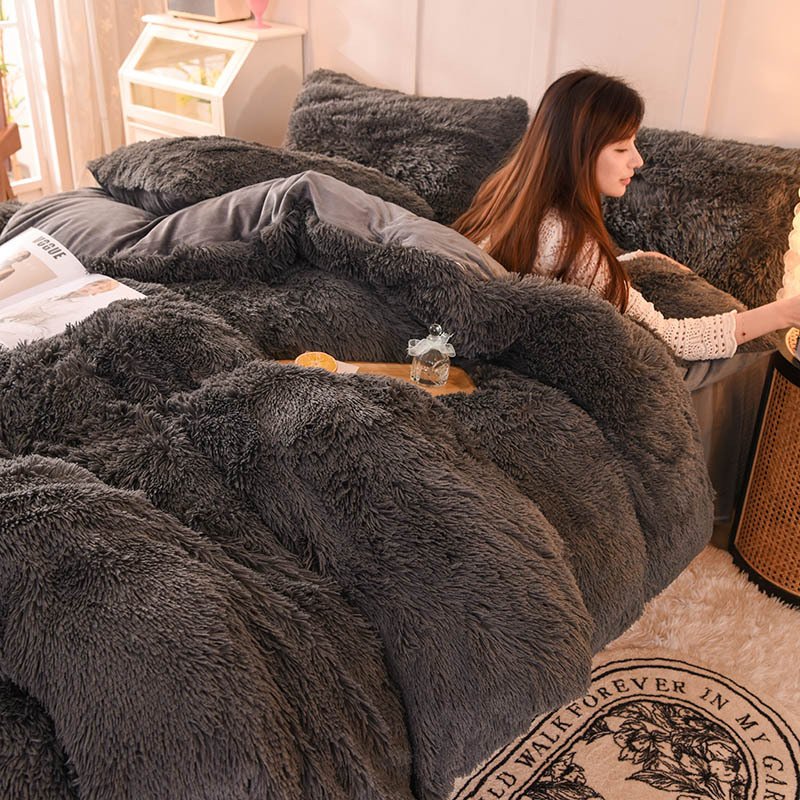 Winter Warm Fluffy Velvet Duvet Cover Set Luxury Soft Solid Color Quilt Cover With Bedsheets