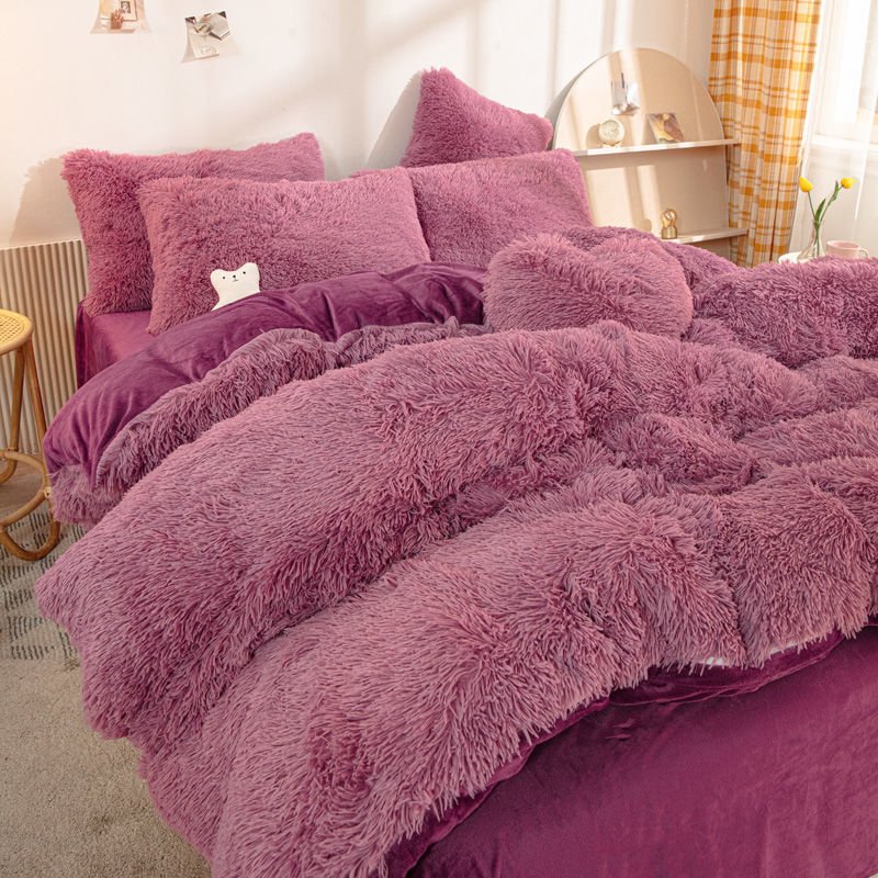 Winter Warm Fluffy Velvet Duvet Cover Set Luxury Soft Solid Color Quilt Cover With Bedsheets