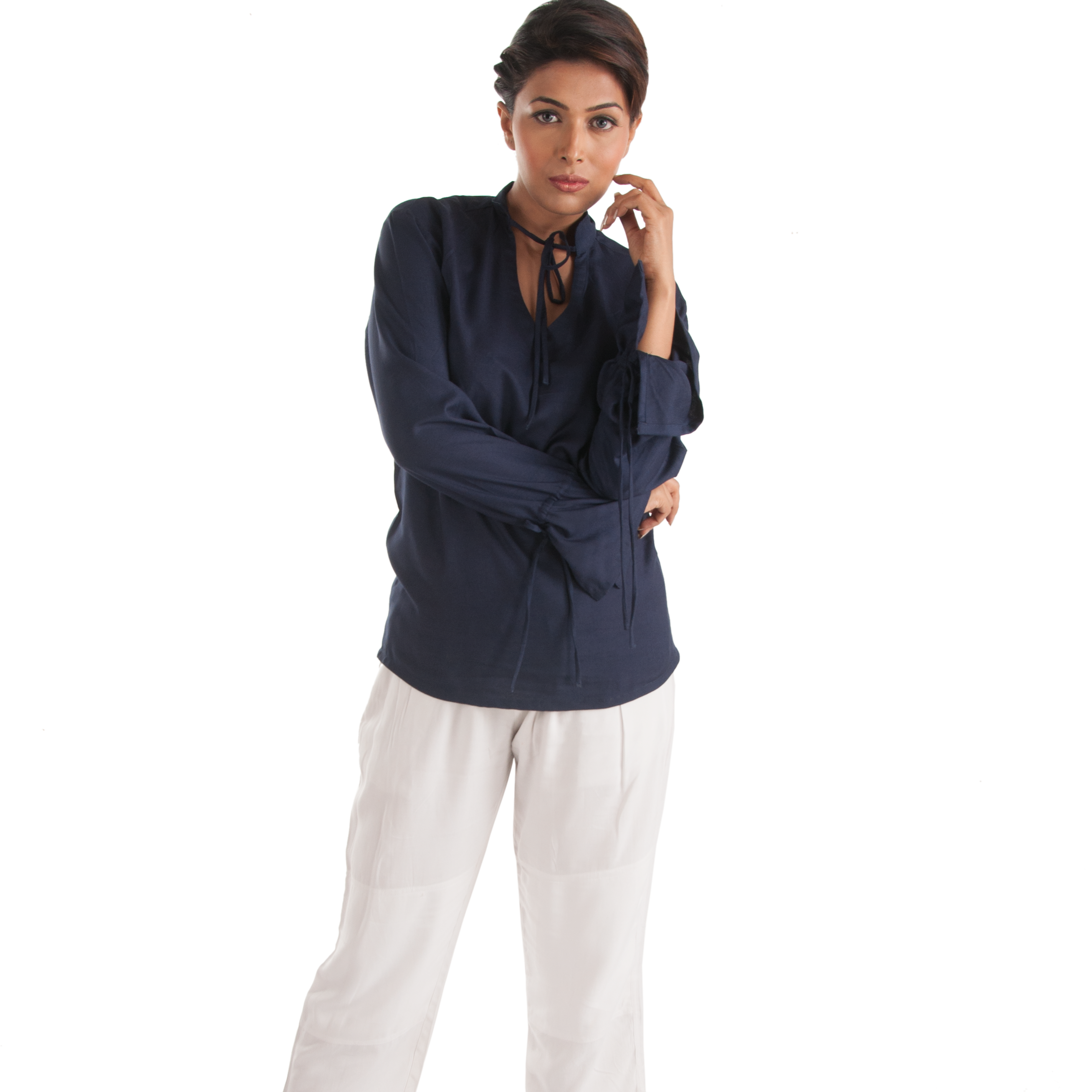 Stylish Navy Blue Bamboo Fabric Top for Girls Beautiful Casual Dresses with Drawstring Cuffs Neck Tie Available Wholesale Price