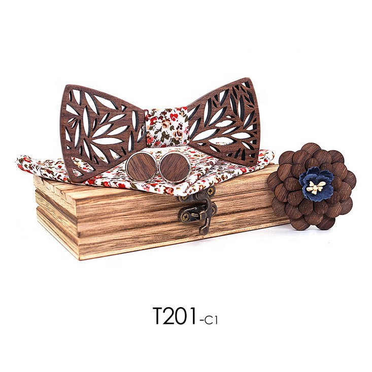 Luxury Bow Tie Gray Plaid Wood Bowtie Adjustable Casual Business Wedding Bow Ties Set