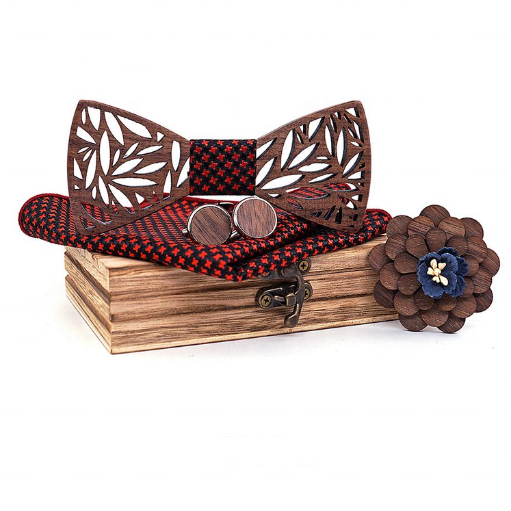 Luxury Bow Tie Gray Plaid Wood Bowtie Adjustable Casual Business Wedding Bow Ties Set
