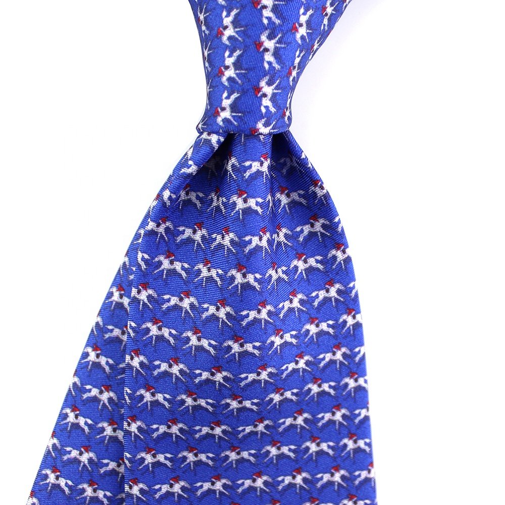 China Suppliers Holiday Wholesale Unique Sport Horse Racing Necktie Custom Men Blue Equestrian Print Digital Printing Silk Tie