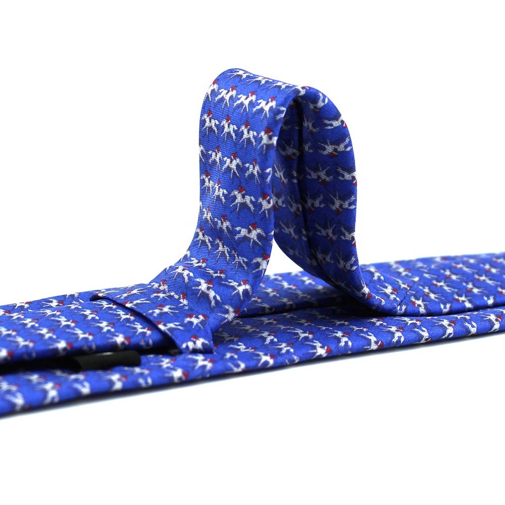 China Suppliers Holiday Wholesale Unique Sport Horse Racing Necktie Custom Men Blue Equestrian Print Digital Printing Silk Tie