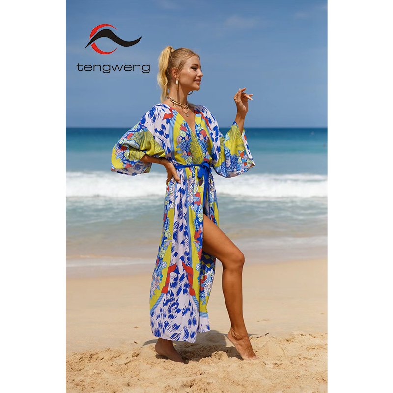 TW 2023 New cotton print vacation beach suit swimsuit bikini beach cover up kimino