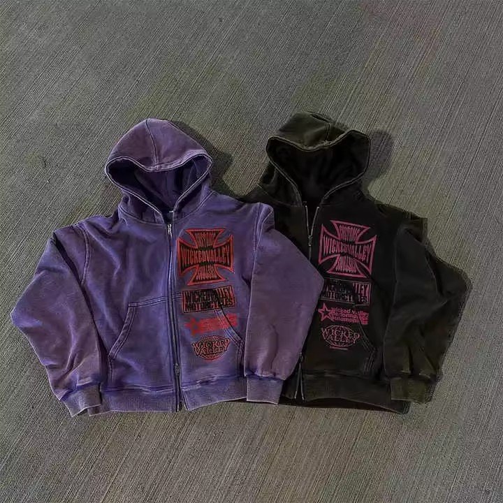 Custom High Quality Heavyweight Boxy Vintage Streetwear Distressed Zip Up Cropped Acid Washed Screen Printing zipper Hoodie Men