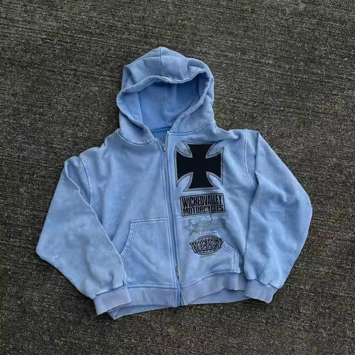 Custom High Quality Heavyweight Boxy Vintage Streetwear Distressed Zip Up Cropped Acid Washed Screen Printing zipper Hoodie Men