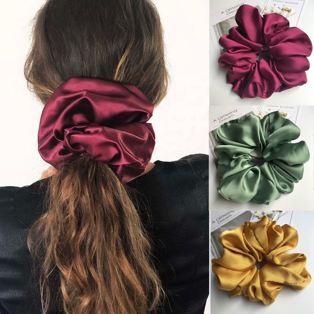 Can Custom Logo Hair Ponytail Tie Oversized Elastic Jumbo XXL Silk Satin Hair Scrunchies Hair Ties For Women Girls