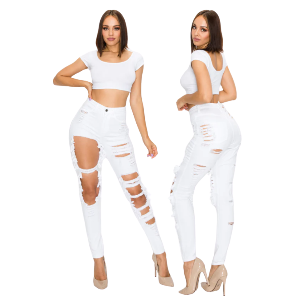 Casual Cool 2024 Premium Quality Custom Stretchy High Waist Distressed Women's Skinny Denim Jeans Low Cost Made From Bangladesh